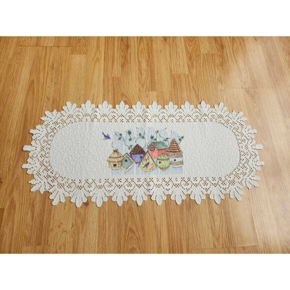 Lace Table Runner Birdhouses Spring Cottage 36.5x14 White Doily Decor Coquette - Picture 8 of 8